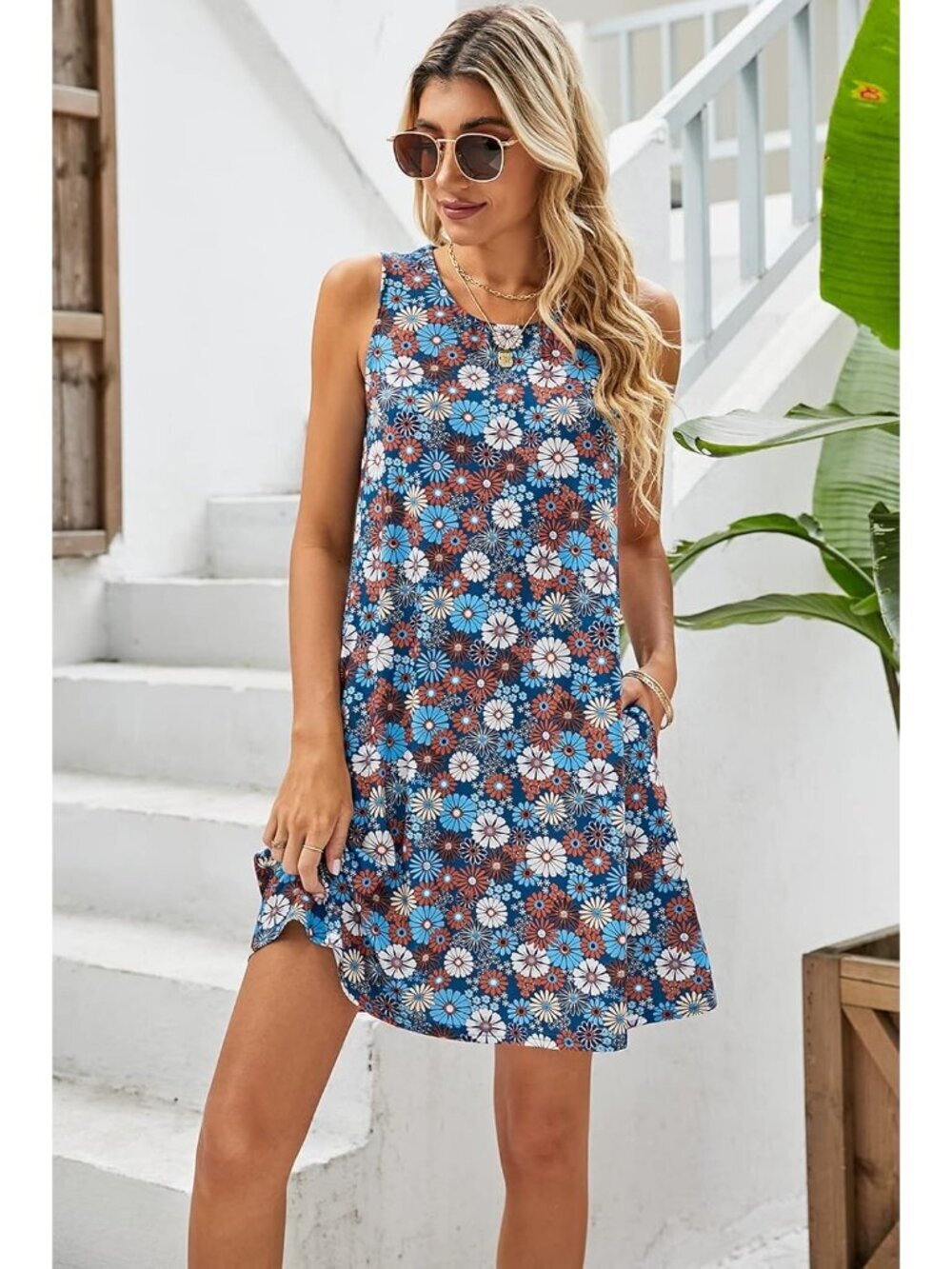 Women's Blue Floral Stylish T-shirt Sundress Casual Pockets Boho Tank Dress - Picture 3 of 6